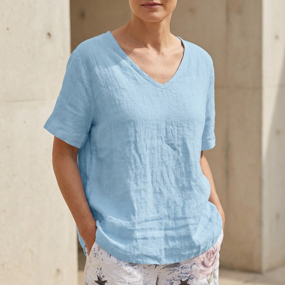 Loose Fit V-Neck Short Sleeve Top for Women – Casual Comfort & Versatility