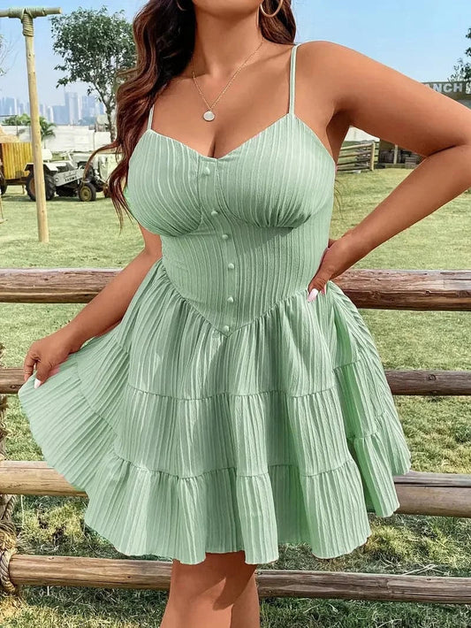 Women's Summer Dress - Light And Breathable - Spaghetti Straps - Button Details - A-line Skirt