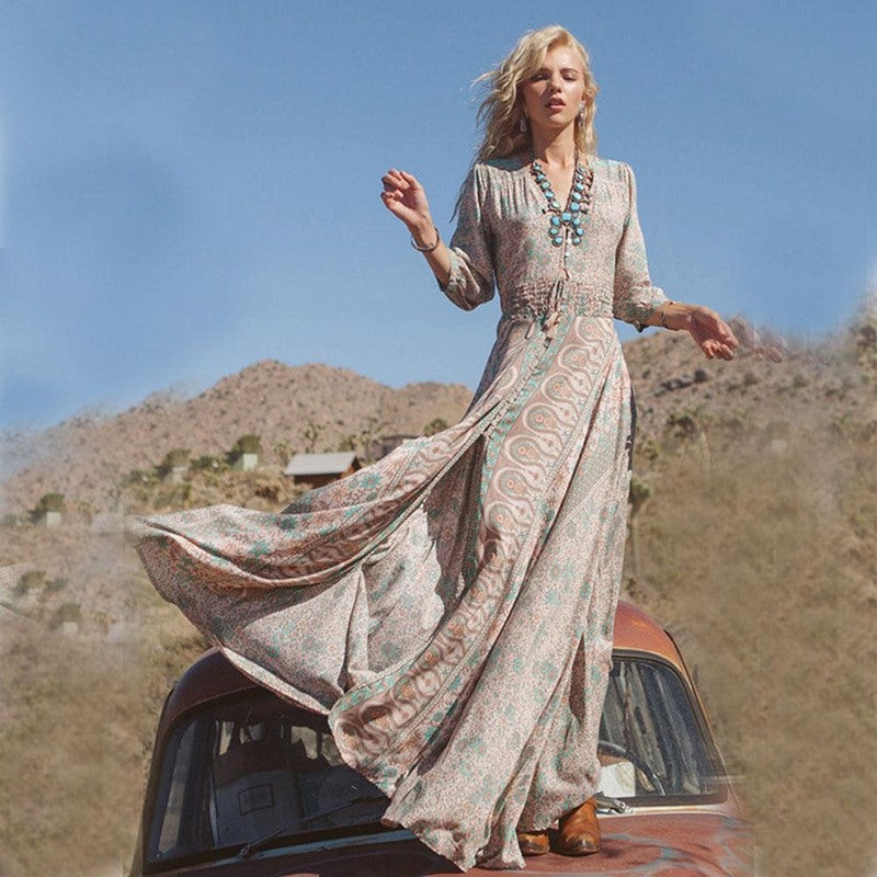 Women's Maxi Dress – Boho Style – Relaxed Fit – V-neck – Button Closure – High Slit