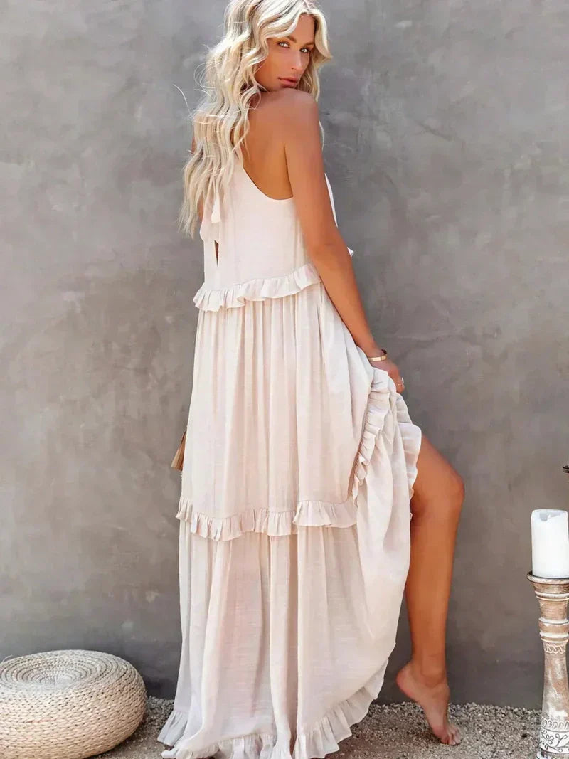 Women's Maxi Dress – Halterneck – Ruched Layer – Loose Fit – Lightweight Cotton