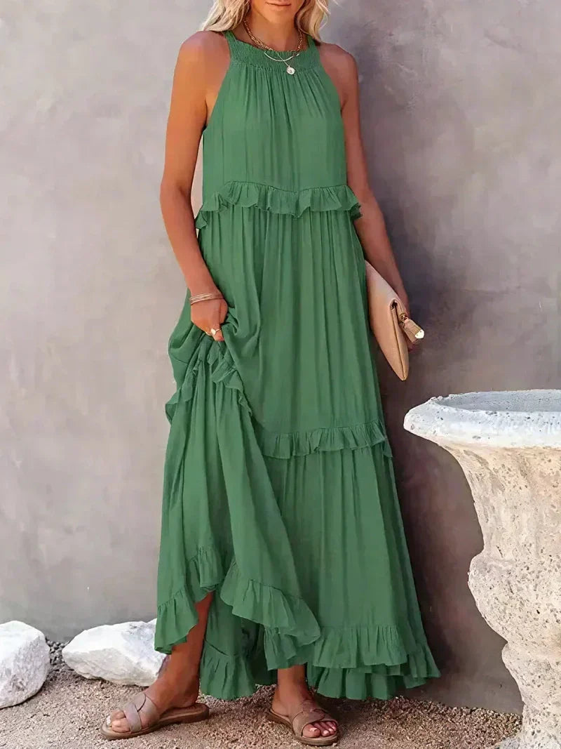 Women's Maxi Dress – Halterneck – Ruched Layer – Loose Fit – Lightweight Cotton
