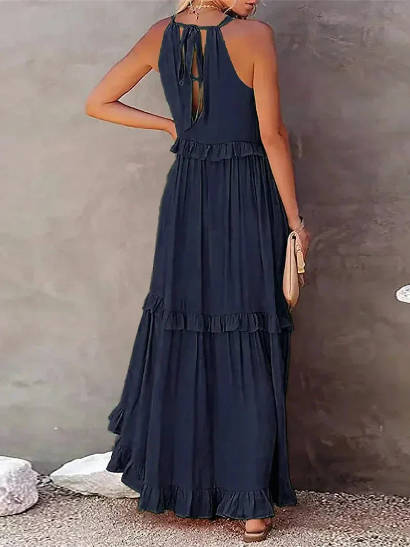 Women's Maxi Dress – Halterneck – Ruched Layer – Loose Fit – Lightweight Cotton