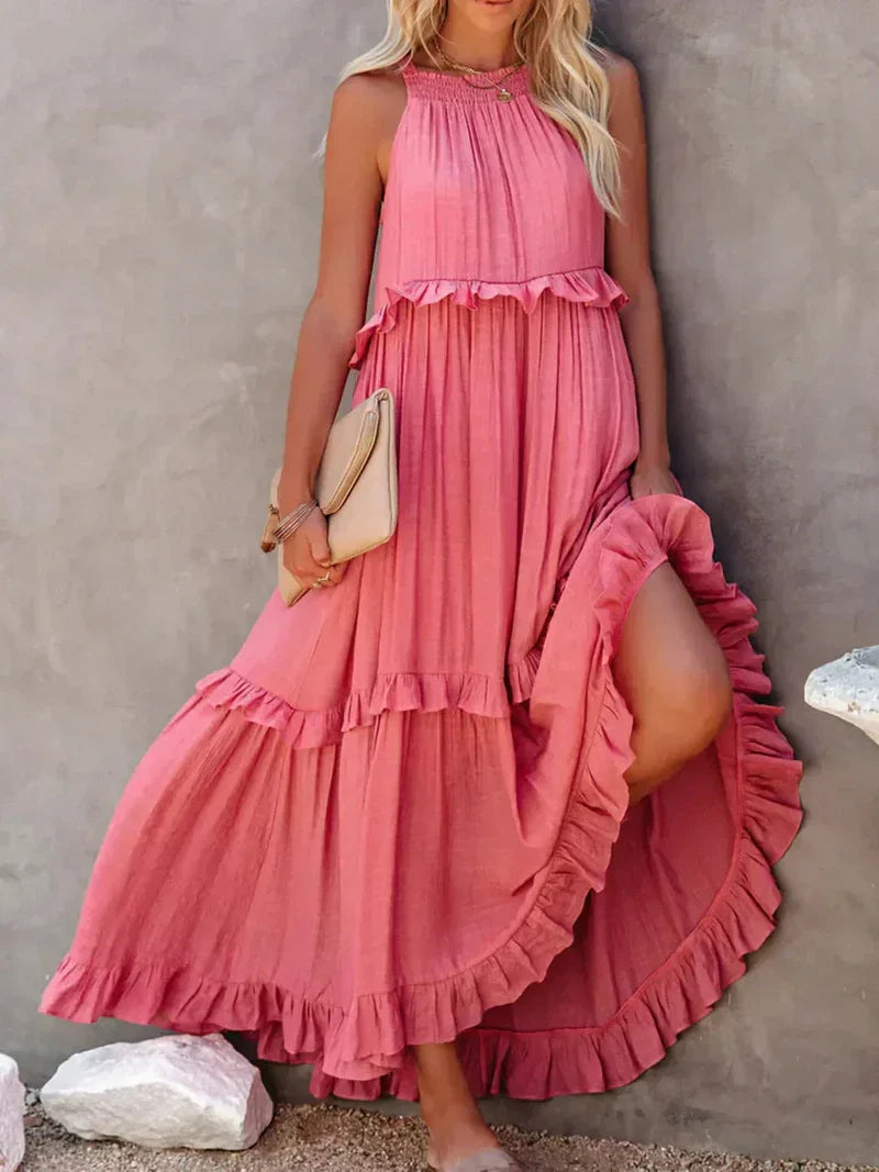 Women's Maxi Dress – Halterneck – Ruched Layer – Loose Fit – Lightweight Cotton