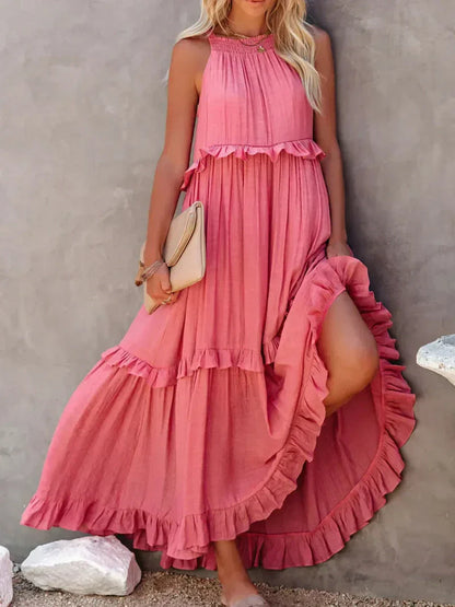 Women's Maxi Dress – Halterneck – Ruched Layer – Loose Fit – Lightweight Cotton