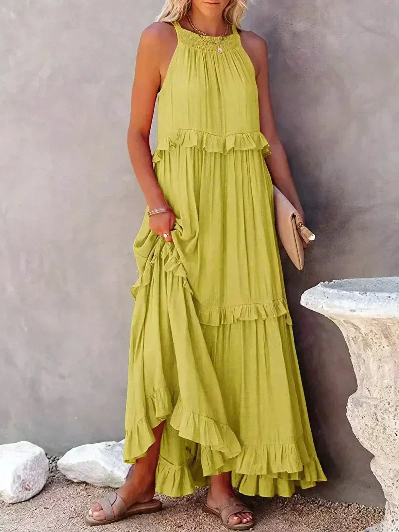 Women's Maxi Dress – Halterneck – Ruched Layer – Loose Fit – Lightweight Cotton