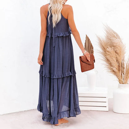 Women's Maxi Dress – Halterneck – Ruched Layer – Loose Fit – Lightweight Cotton