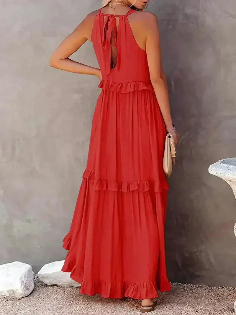 Women's Maxi Dress – Halterneck – Ruched Layer – Loose Fit – Lightweight Cotton
