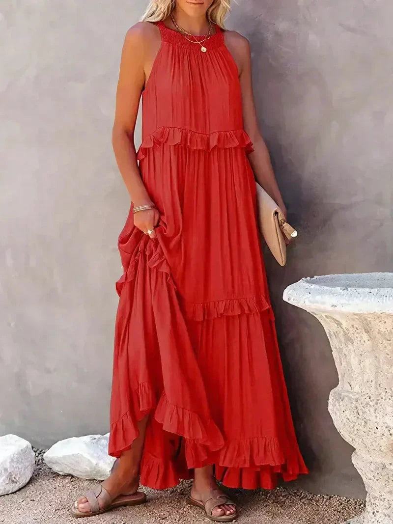 Women's Maxi Dress – Halterneck – Ruched Layer – Loose Fit – Lightweight Cotton