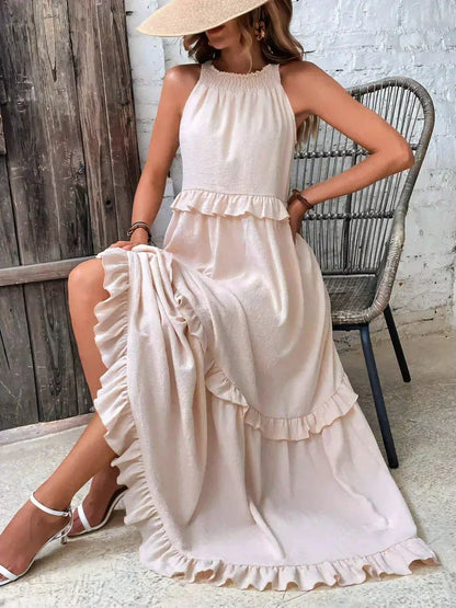 Women's Maxi Dress – Halterneck – Ruched Layer – Loose Fit – Lightweight Cotton