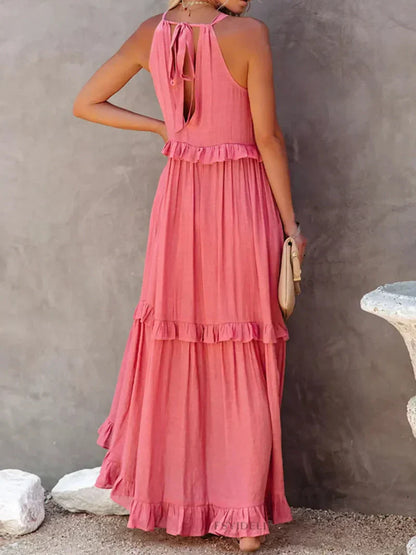 Women's Maxi Dress – Halterneck – Ruched Layer – Loose Fit – Lightweight Cotton