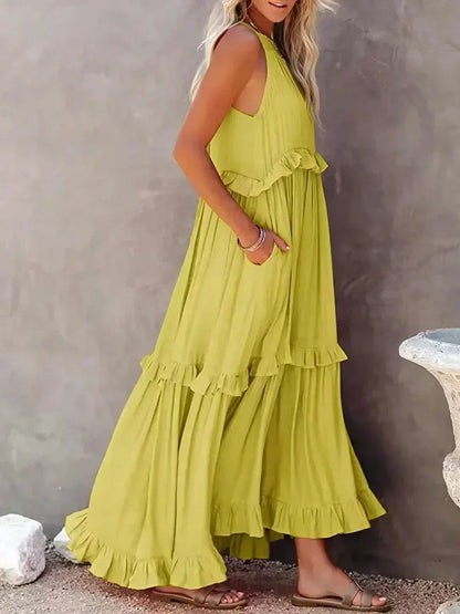 Women's Maxi Dress – Halterneck – Ruched Layer – Loose Fit – Lightweight Cotton