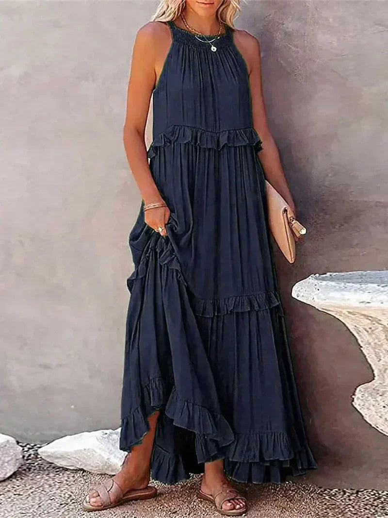 Women's Maxi Dress – Halterneck – Ruched Layer – Loose Fit – Lightweight Cotton