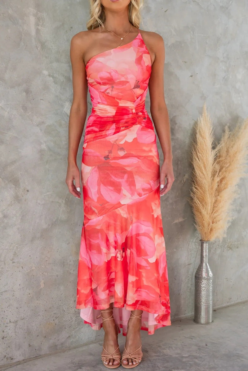 Women's Midi Dress – One-Shoulder – Floral Print – Pleated Waist – A-Line Cut