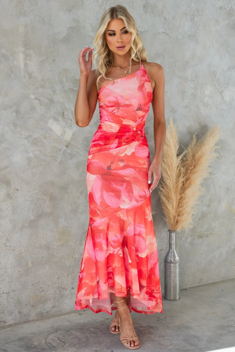 Women's Midi Dress – One-Shoulder – Floral Print – Pleated Waist – A-Line Cut