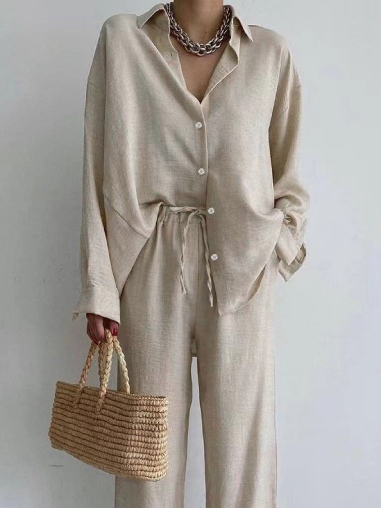 Women's Two-Piece Set – Relaxed Fit – Button-Up Shirt – Wide Pants