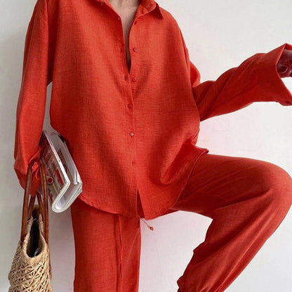 Women's Two-Piece Set – Relaxed Fit – Button-Up Shirt – Wide Pants