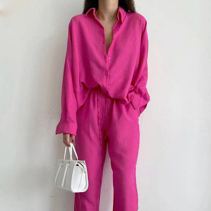 Women's Two-Piece Set – Relaxed Fit – Button-Up Shirt – Wide Pants