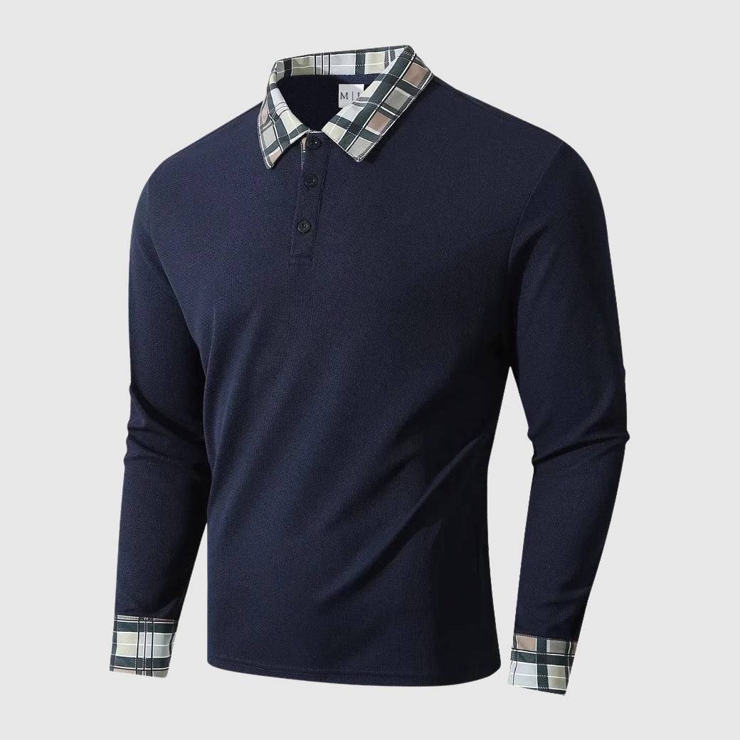 Harry Plaid Trim Collared Polo Shirt | Button Front Ribbed Texture Polo Shirt