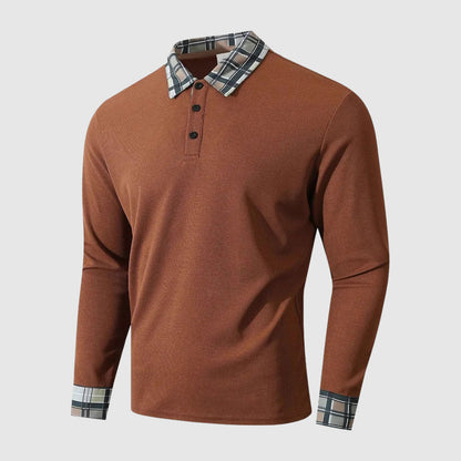 Harry Plaid Trim Collared Polo Shirt | Button Front Ribbed Texture Polo Shirt