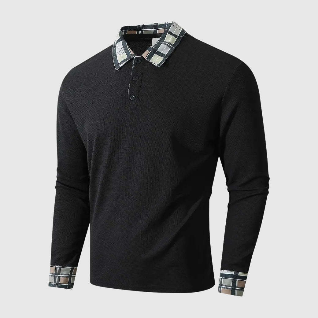Harry Plaid Trim Collared Polo Shirt | Button Front Ribbed Texture Polo Shirt