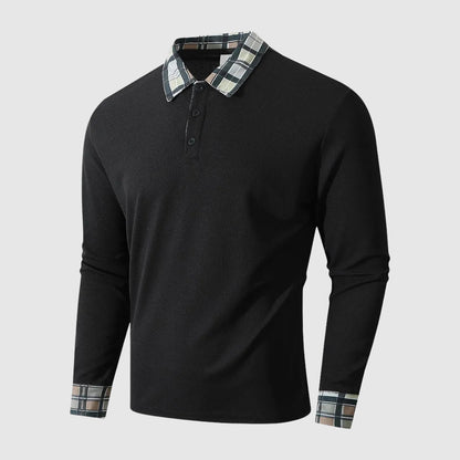 Harry Plaid Trim Collared Polo Shirt | Button Front Ribbed Texture Polo Shirt