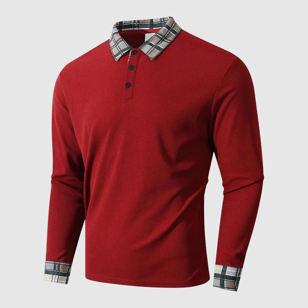 Harry Plaid Trim Collared Polo Shirt | Button Front Ribbed Texture Polo Shirt