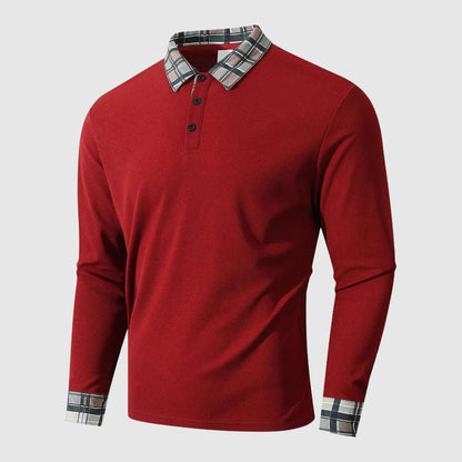 Harry Plaid Trim Collared Polo Shirt | Button Front Ribbed Texture Polo Shirt