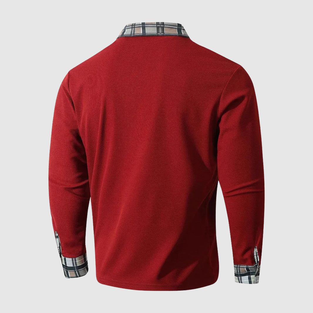 Harry Plaid Trim Collared Polo Shirt | Button Front Ribbed Texture Polo Shirt