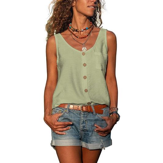 Women's Sleeveless Blouse - V-Neck - Button Closure - Relaxed Fit - Lightweight and Breathable