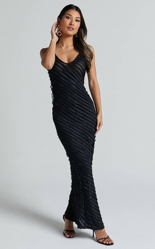 Women's Maxi Dress – Slim Fit – Textured Fabric – V-Neckline – Straps – Evening Look