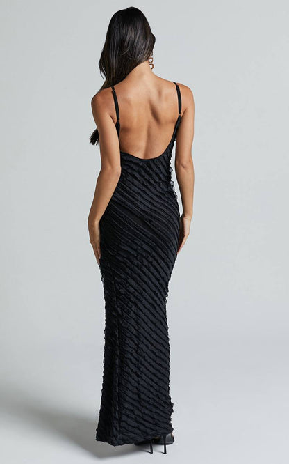 Dress for Women – Maxi Length – Slim Fit – Textured Fabric – V-Neck – Strap Design