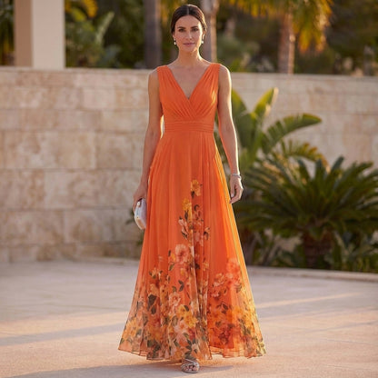 High-Waisted Pleated A-Line Maxi Dress for Women – Elegant Floral Style