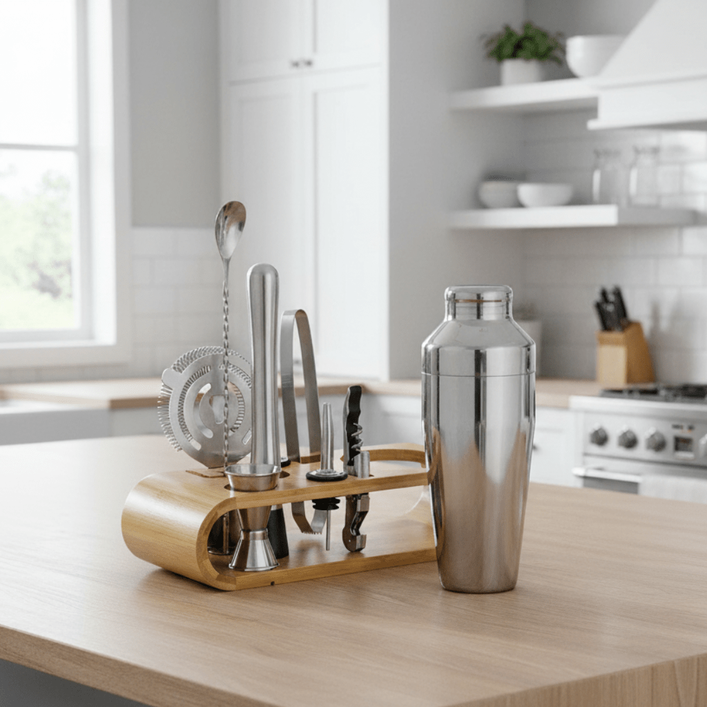 Contemporary Stainless Steel Cocktail Shaker Set with Wooden Stand