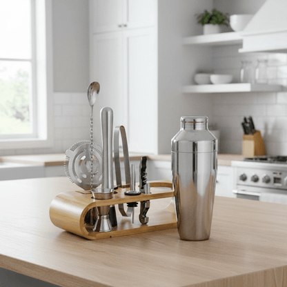 Contemporary Stainless Steel Cocktail Shaker Set with Wooden Stand