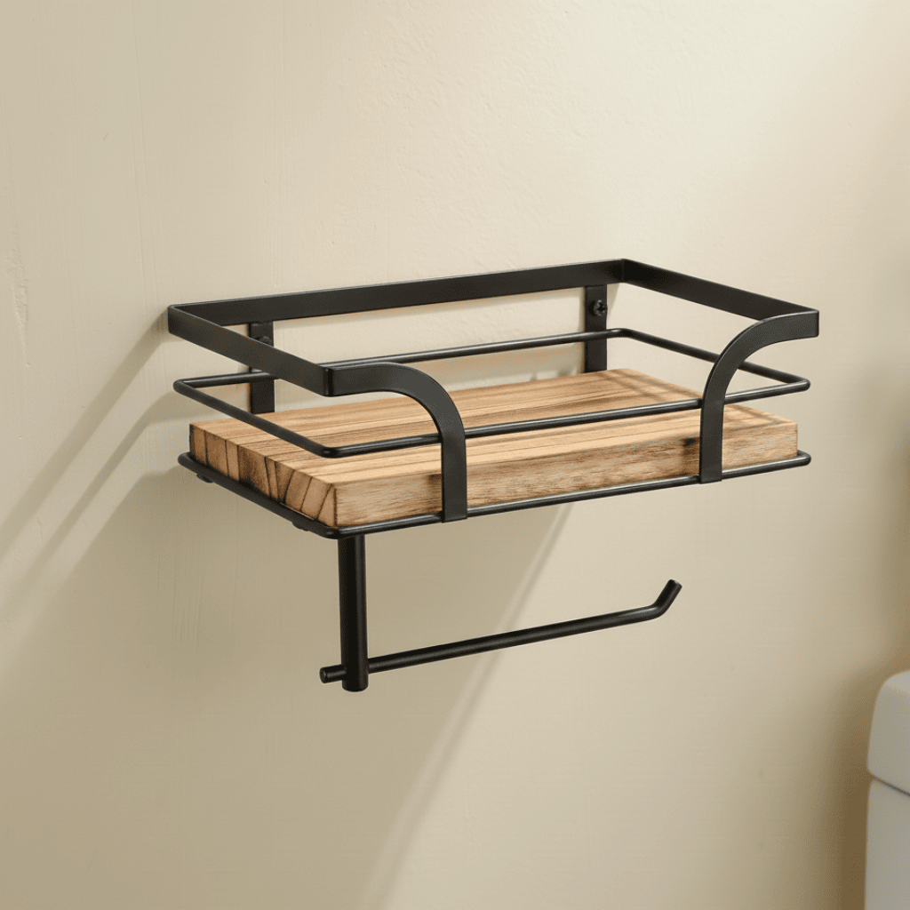 Industrial Wrought Iron and Wood Wall Rack