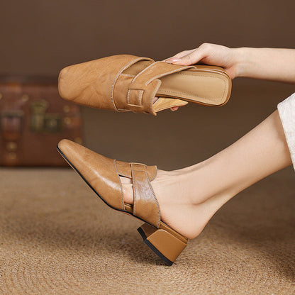 Minimalist Leather Mules with Block Heel