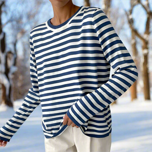 Women's Long-Sleeve T-shirt - Striped - Round Neck - Relaxed Fit - Breathable Cotton
