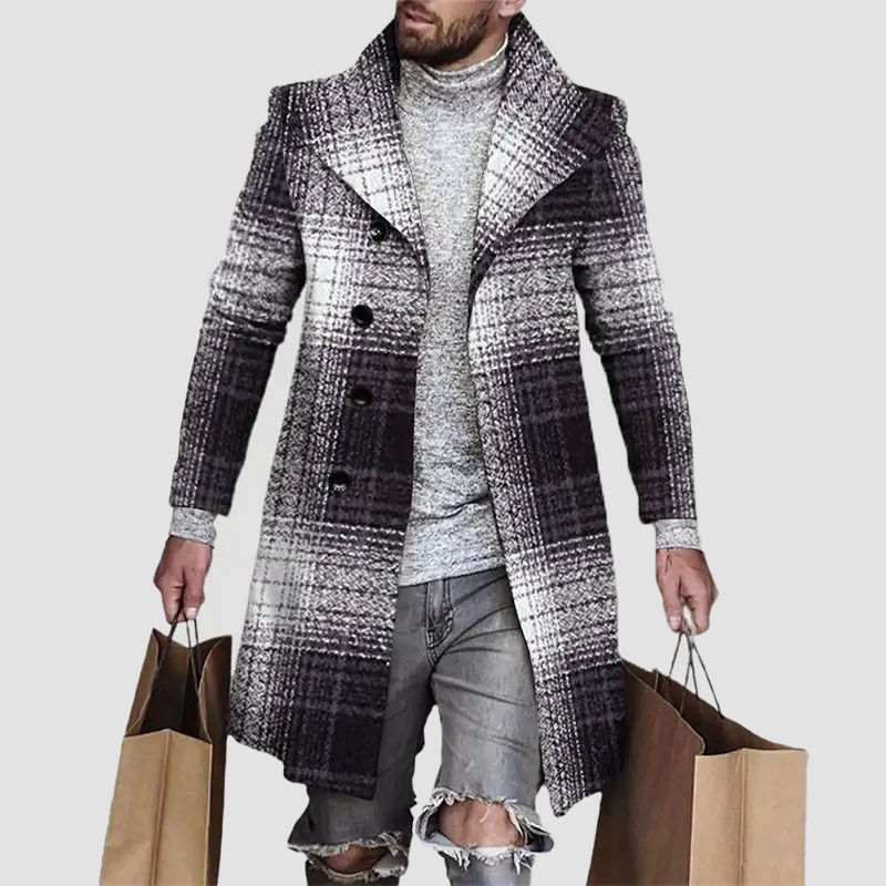 Oscar Wool-Blend Double-Breasted Overcoat | Plaid Mid-Thigh Overcoat