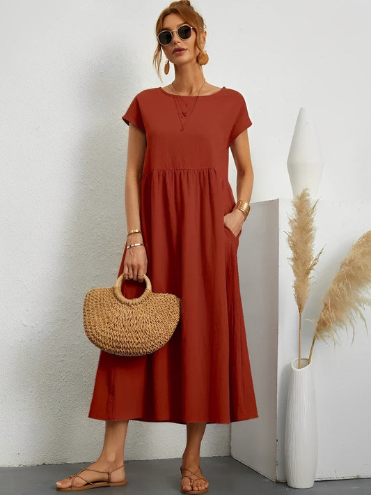 Women's Midi Dress - Breathable Cotton - Loose Fit - Round Neck - Short Sleeves