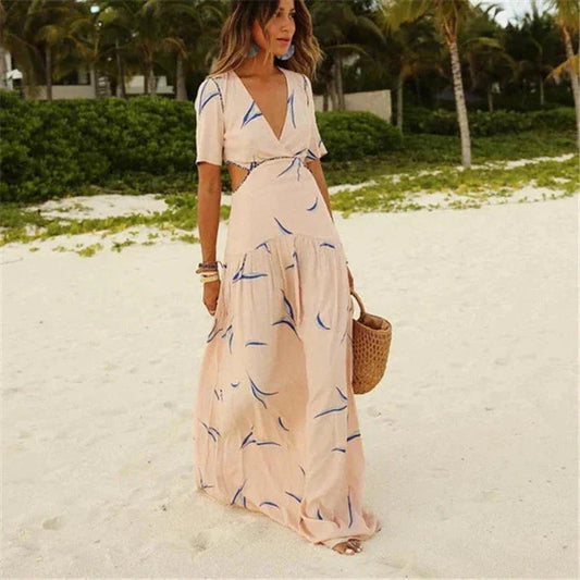 Women's Maxi Dress - V-Neck - Short Sleeves - Waist Cutouts - Elegant and Airy
