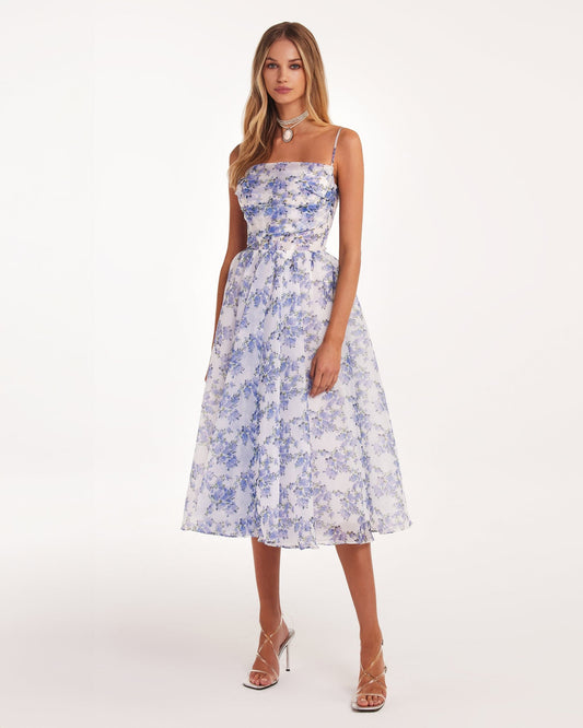 Dress for Women – Midi – Tailored Bodice – A-line Cut – Spaghetti Straps – Floral Pattern