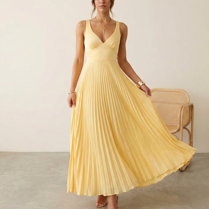 Pleated Backless Maxi Dress for Women – Effortless Summer Elegance