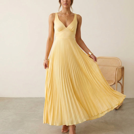 Pleated Backless Maxi Dress for Women – Effortless Summer Elegance