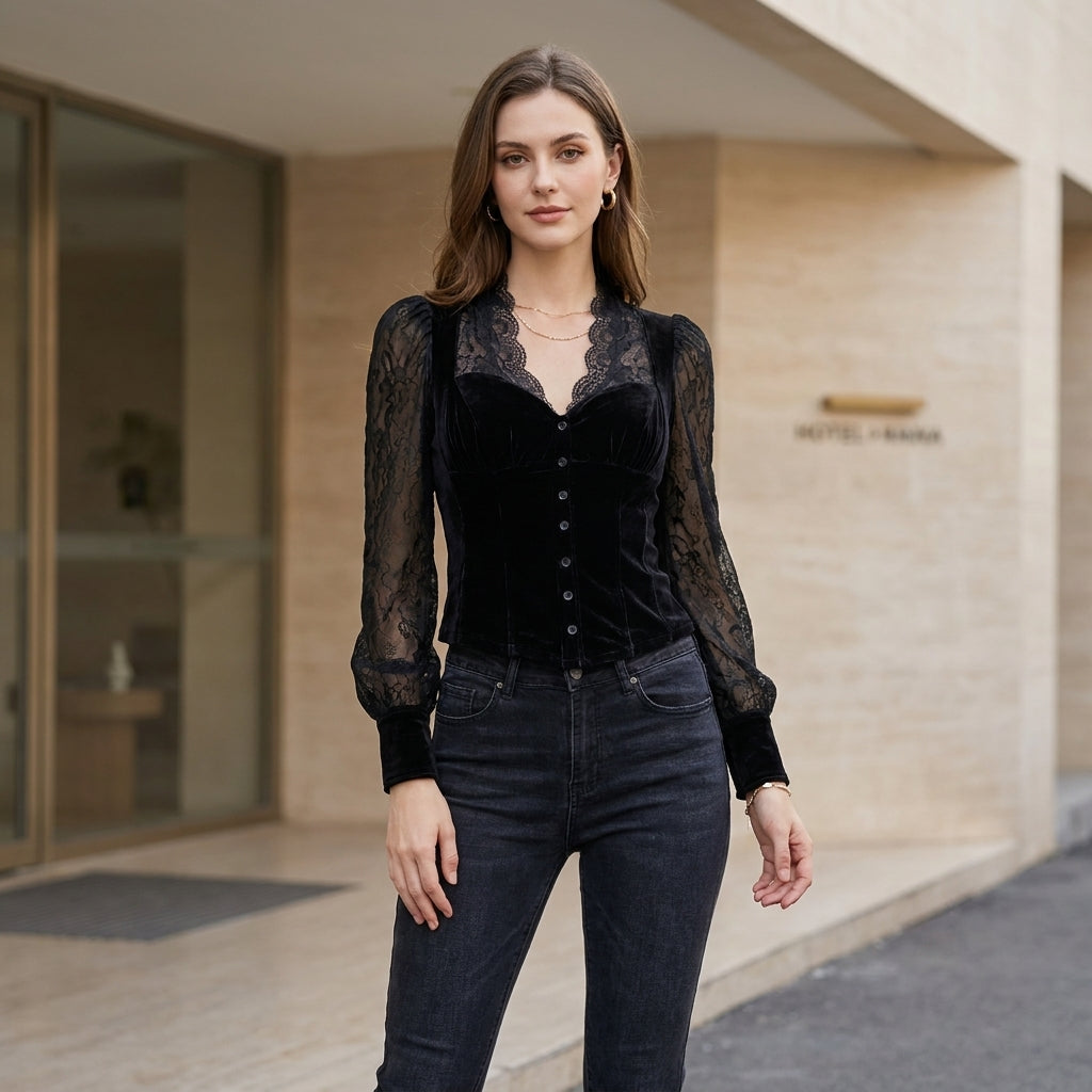 Slim Fit Lace Trim Button Front Blouses for Women – Elegant Evening Style