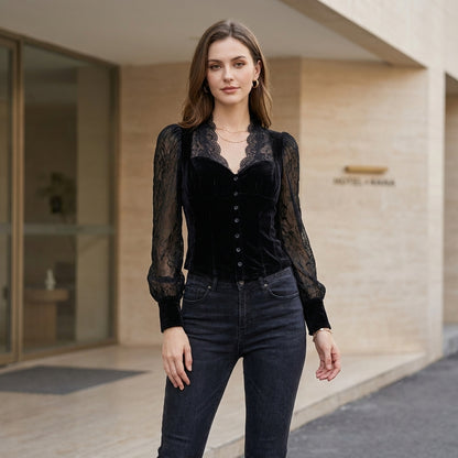 Slim Fit Lace Trim Button Front Blouses for Women – Elegant Evening Style