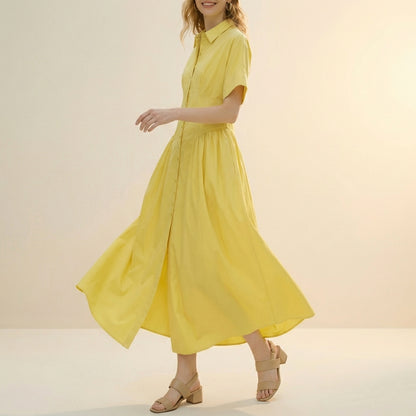 Fit and Flare Pleated Midi Shirt Dress for Women – Elegant Defined Waist