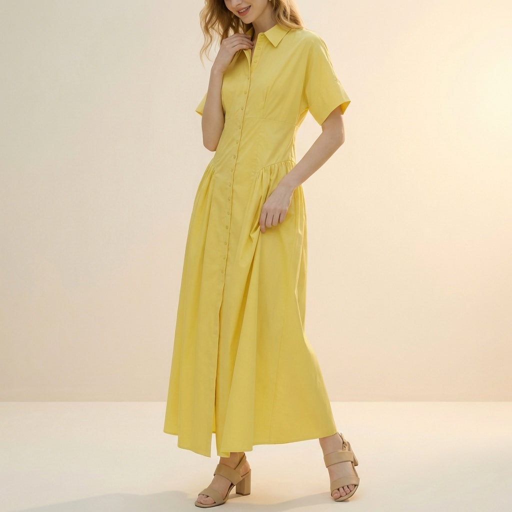 Fit and Flare Pleated Midi Shirt Dress for Women – Elegant Defined Waist