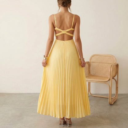 Pleated Backless Maxi Dress for Women – Effortless Summer Elegance