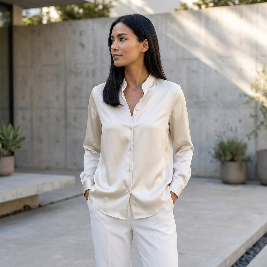 Tailored Relaxed Fit Band Collar Button-Up Shirt for Women – Timeless & Versatile