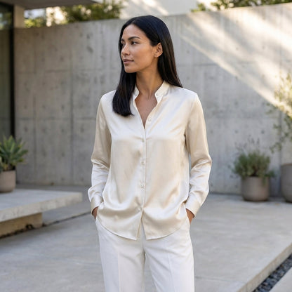 Tailored Relaxed Fit Band Collar Button-Up Shirt for Women – Timeless & Versatile
